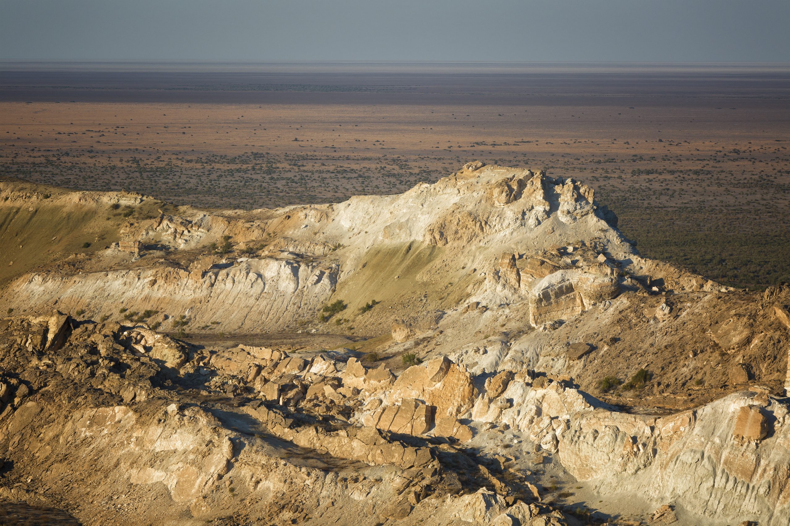 Beautiful cliffs in the canyon of the Ustyurt plateau at sunset, Uzbekistan